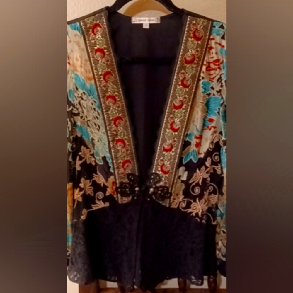 Kimono style velvet, lace & silk jacket